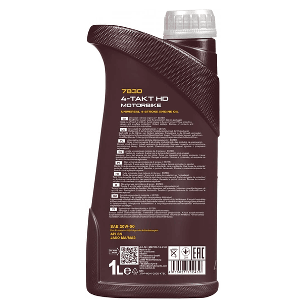 🏍️ Mannol 4-Takt HD Motorbike 20W-50 – 1 Litro (Ester Technology) 2