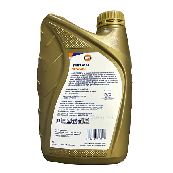 Aceite Moto Gulf Syntrac 4T 10W40 Sintético API SN JASO MA2 1L 2