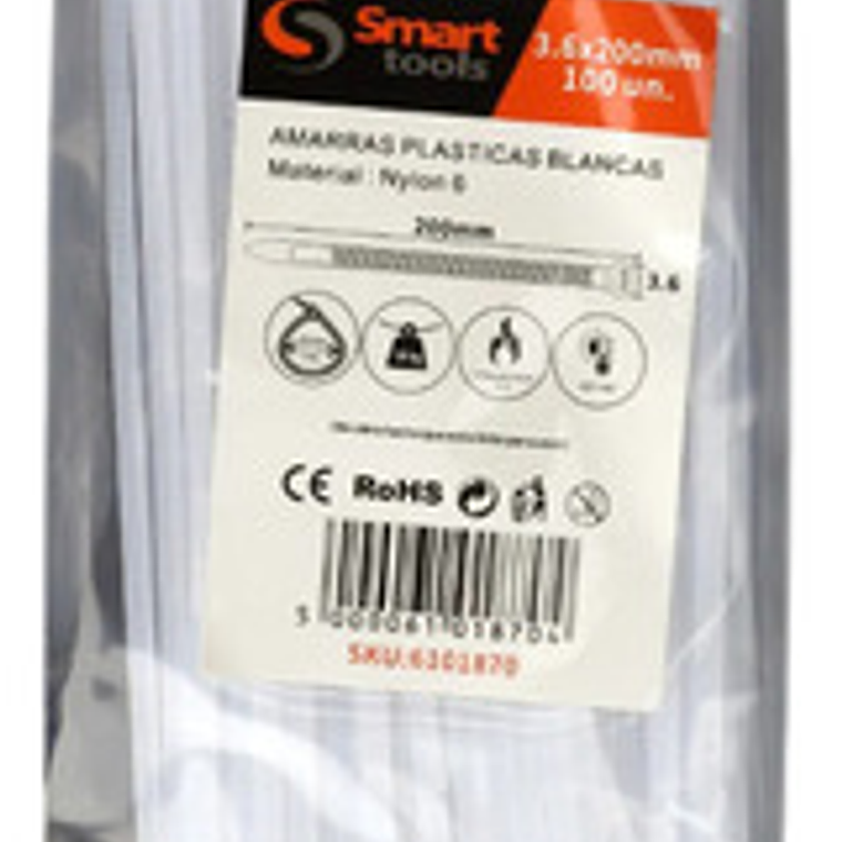 Pack Amarra Plástica Blanca 3.6 X 200mm De 300u Smart Tools 1
