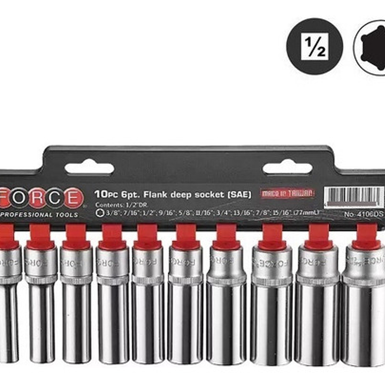 Juego Dados 1/2'' Largo 3/8''-15/16'' 10 Pzs. (4106ds) Force 2