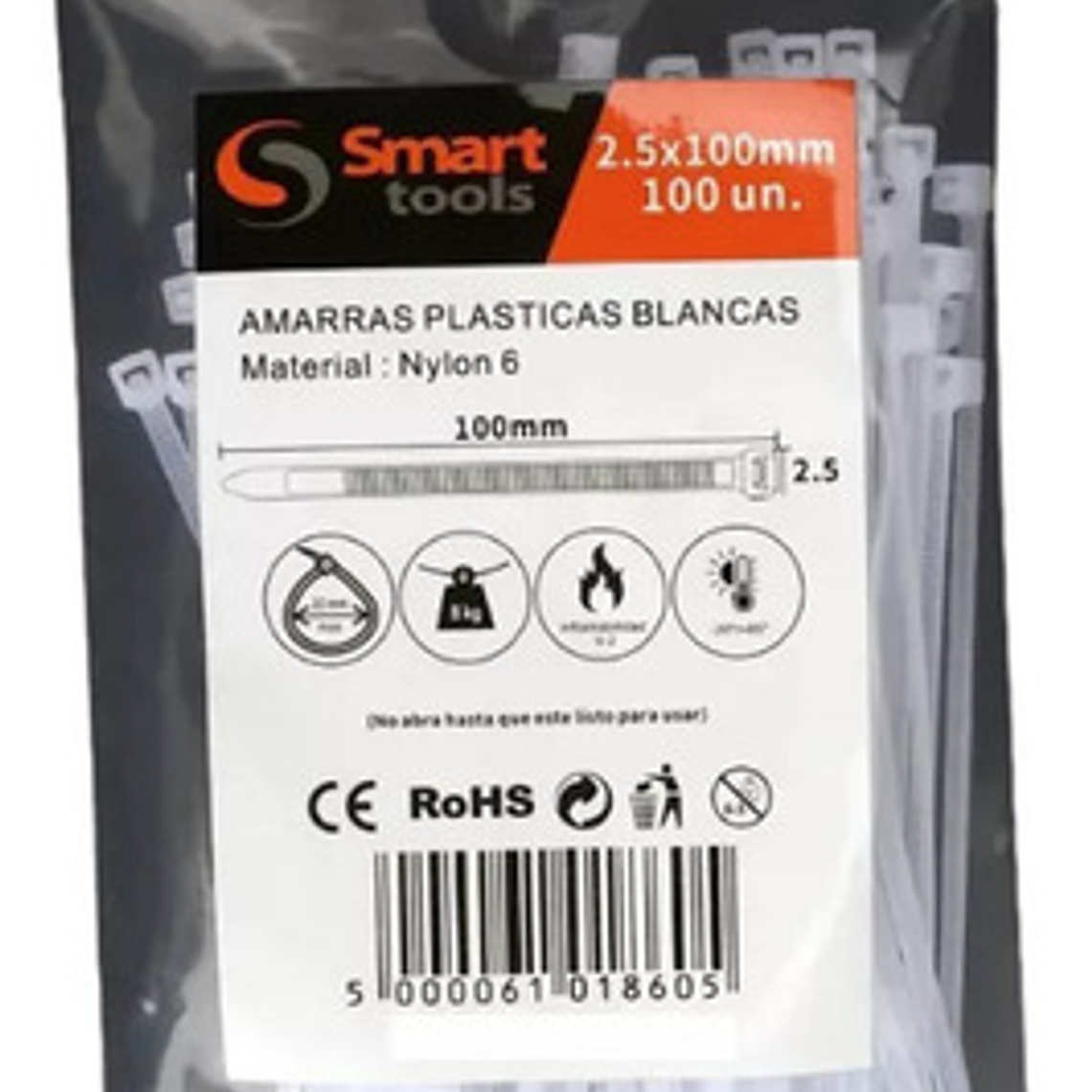 Amarra Plástica Blanca De 7.6 X 400mm De 100u - Smart Tools 3