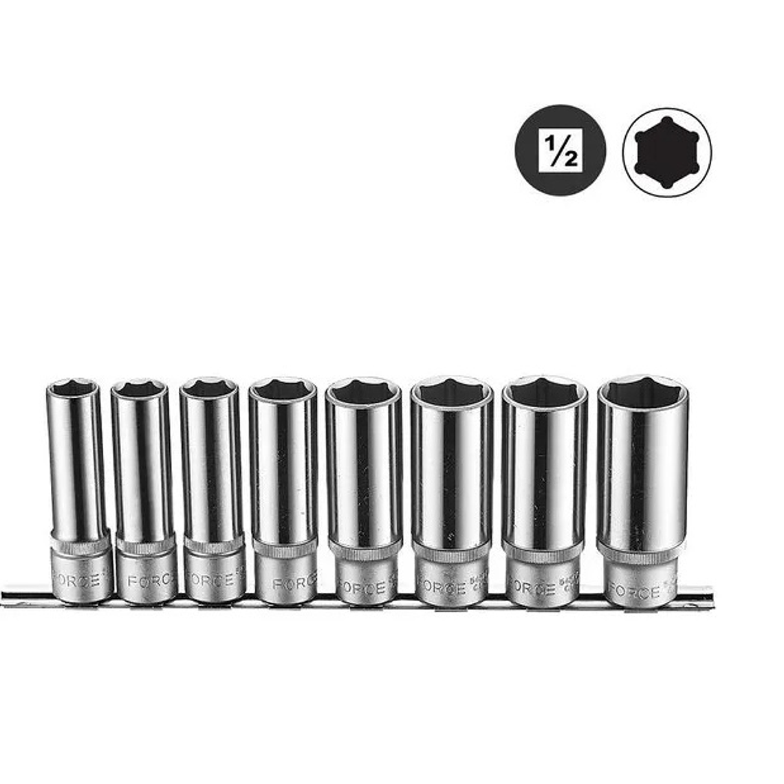 Juego Dados 1/2'' Largo Hex. 13-24mm 8 Piezas (4082) Force 1