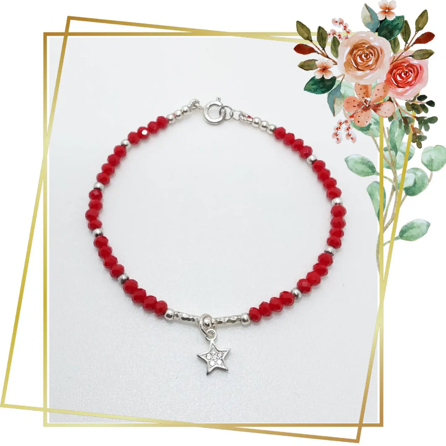 Pulsera Roja de Proteccion Cristal facetado 3mm y colgante de estrella y cierres de plata 925 1