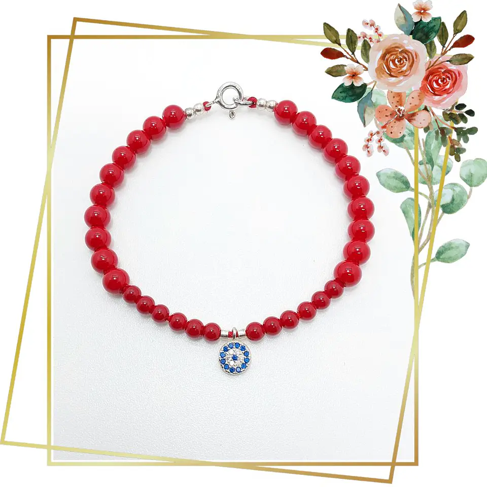 Pulsera Roja de Protección de Jaspe Rojo 6 y 3mm con Colgante de Ojo Turco y Cierre de Plata 925 – 19.5 cm 1