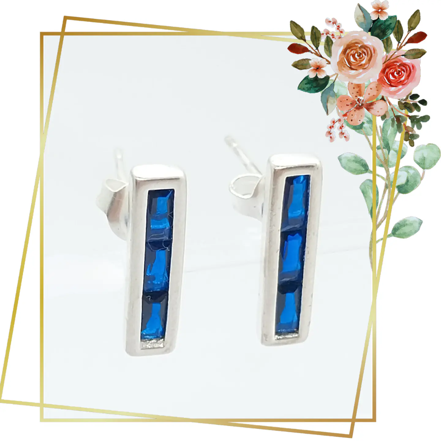 Aros Rectangulares de Plata 925 con cristales azules 1