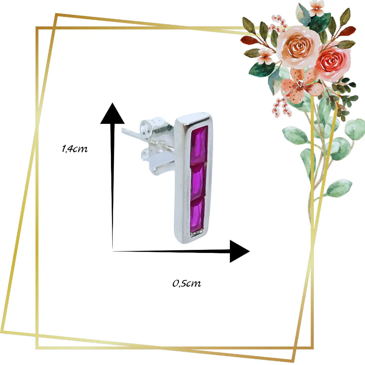 Aros Rectangular de plata 925 cristal fucsia 2