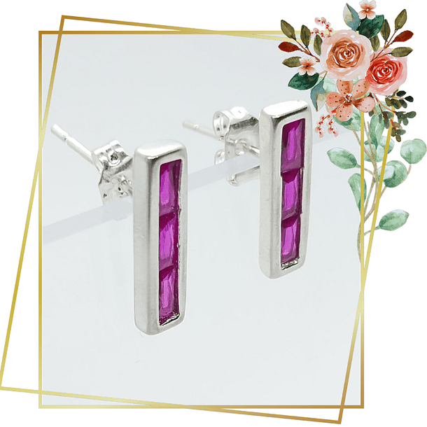 Aros Rectangular de plata 925 cristal fucsia