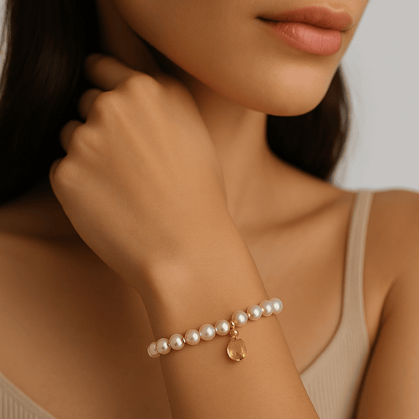 Pulsera Perla Natural y Colgante Gota Cristal 