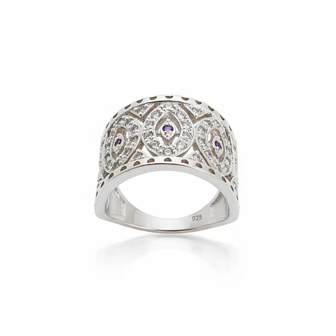 Anillo de Plata 925 Modelo Sello micro Circones lilas, multicolores y transparentes