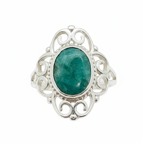 Anillo Colonial de Plata 925 con Piedra Raíz de Esmeralda