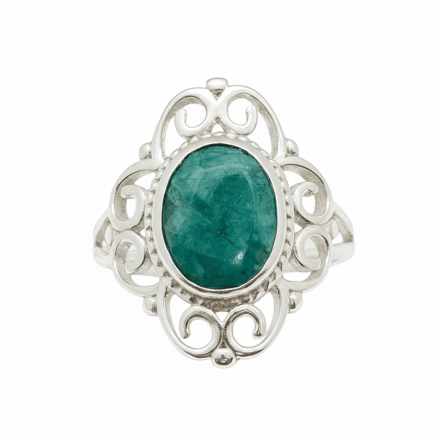 Anillo Colonial de Plata 925 con Piedra Raíz de Esmeralda