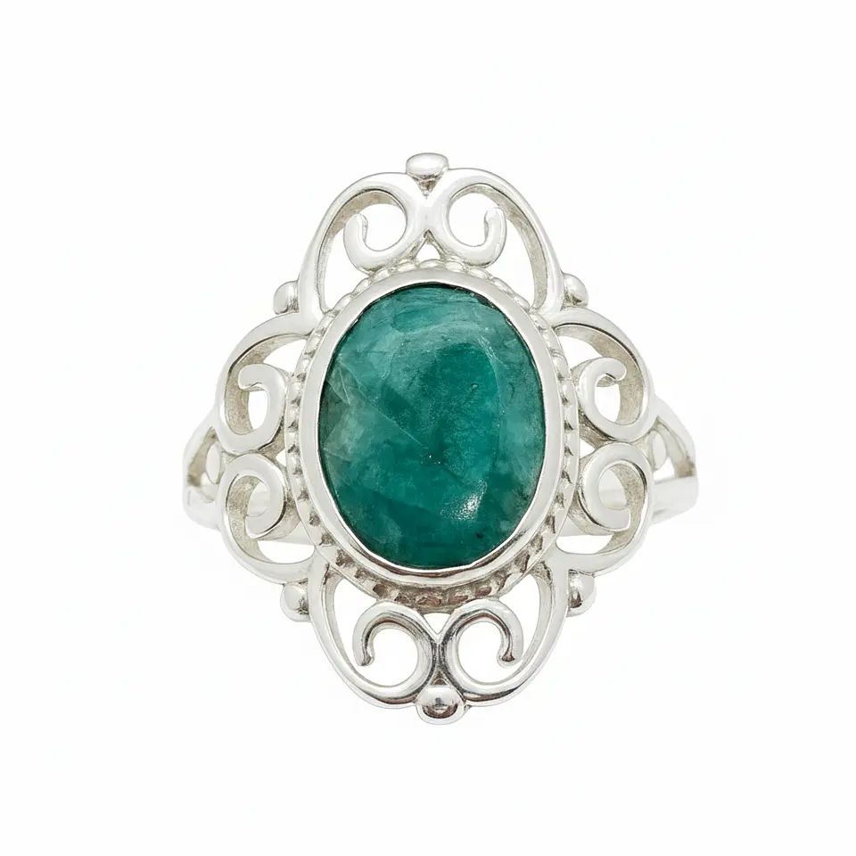 Anillo Colonial de Plata 925 con Piedra Raíz de Esmeralda 1