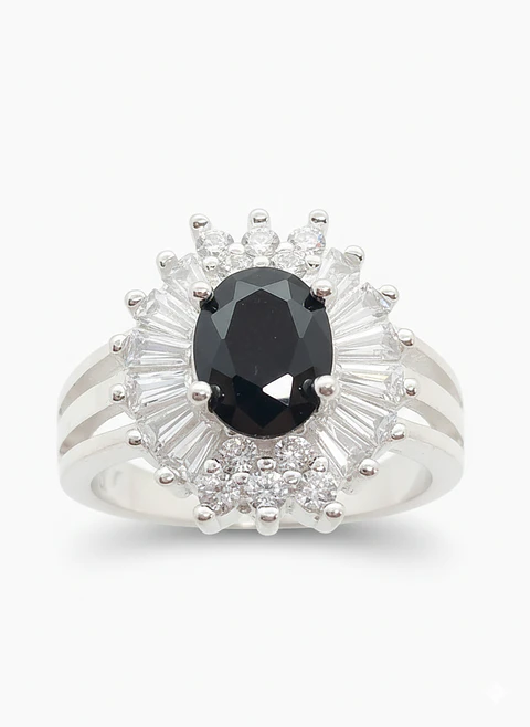 Anillo de Plata 925 Modelo Lady Di con Circones Transparentes y Piedra Negra