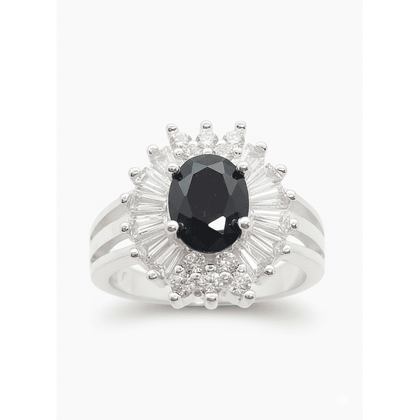 Anillo de Plata 925 Modelo Lady Di con Circones Transparentes y Piedra Negra