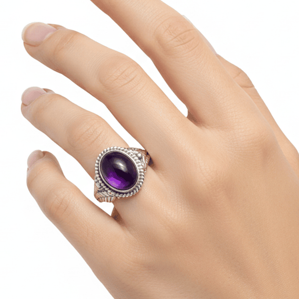Anillo Diseño Hoja en Plata 925 con Piedra Amatista
