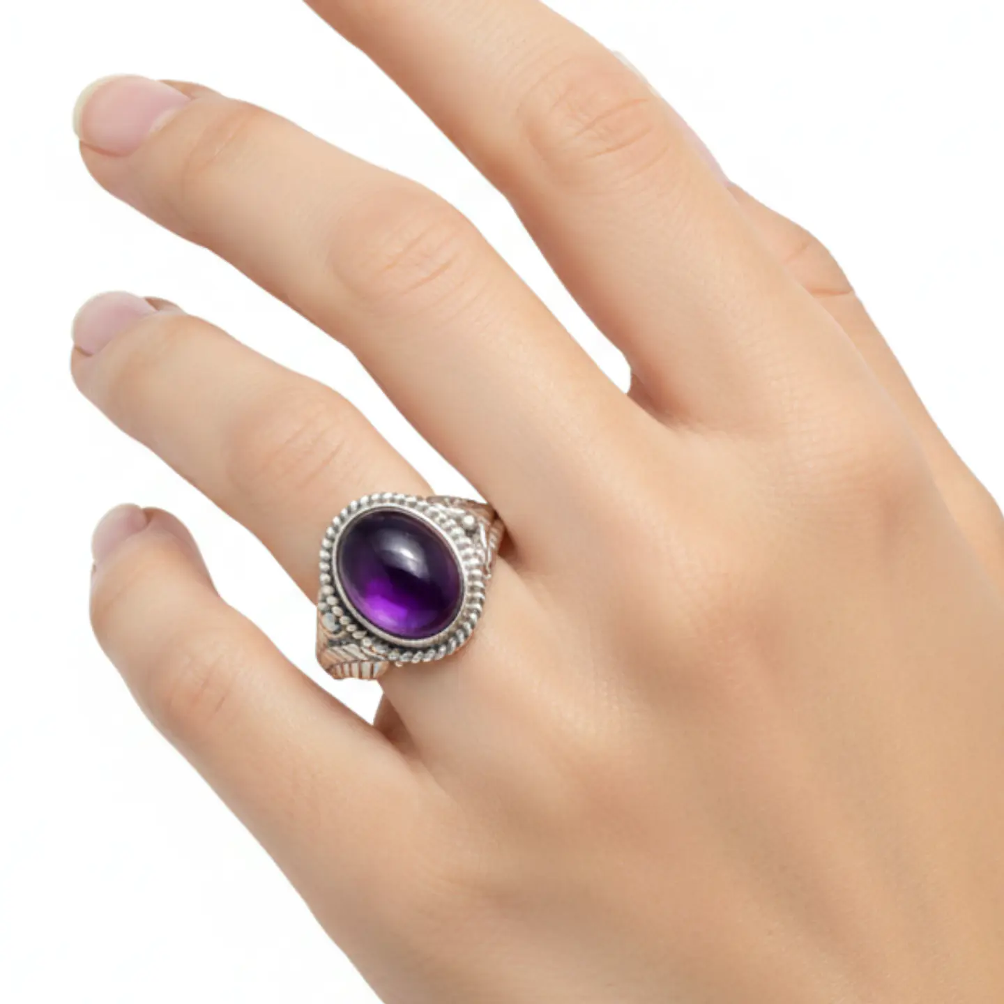 Anillo Diseño Hoja en Plata 925 con Piedra Amatista 2