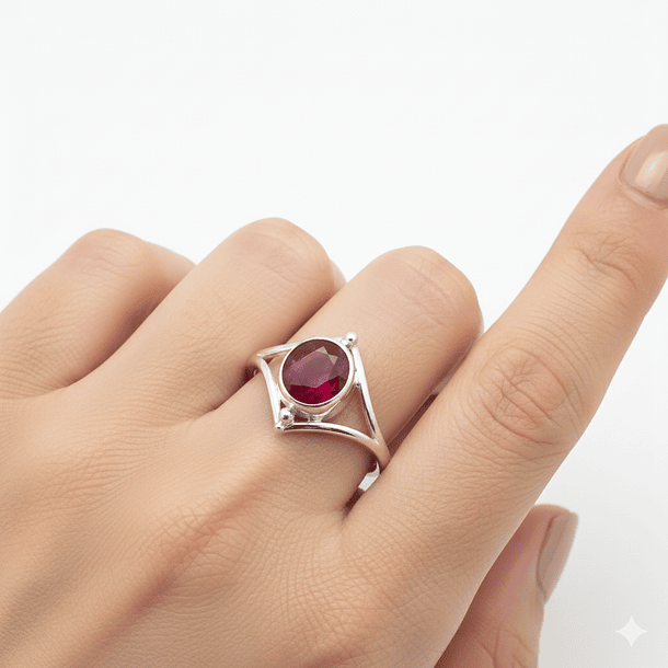 Anillo de Plata 925 con Piedra Raiz de Rubí Redonda