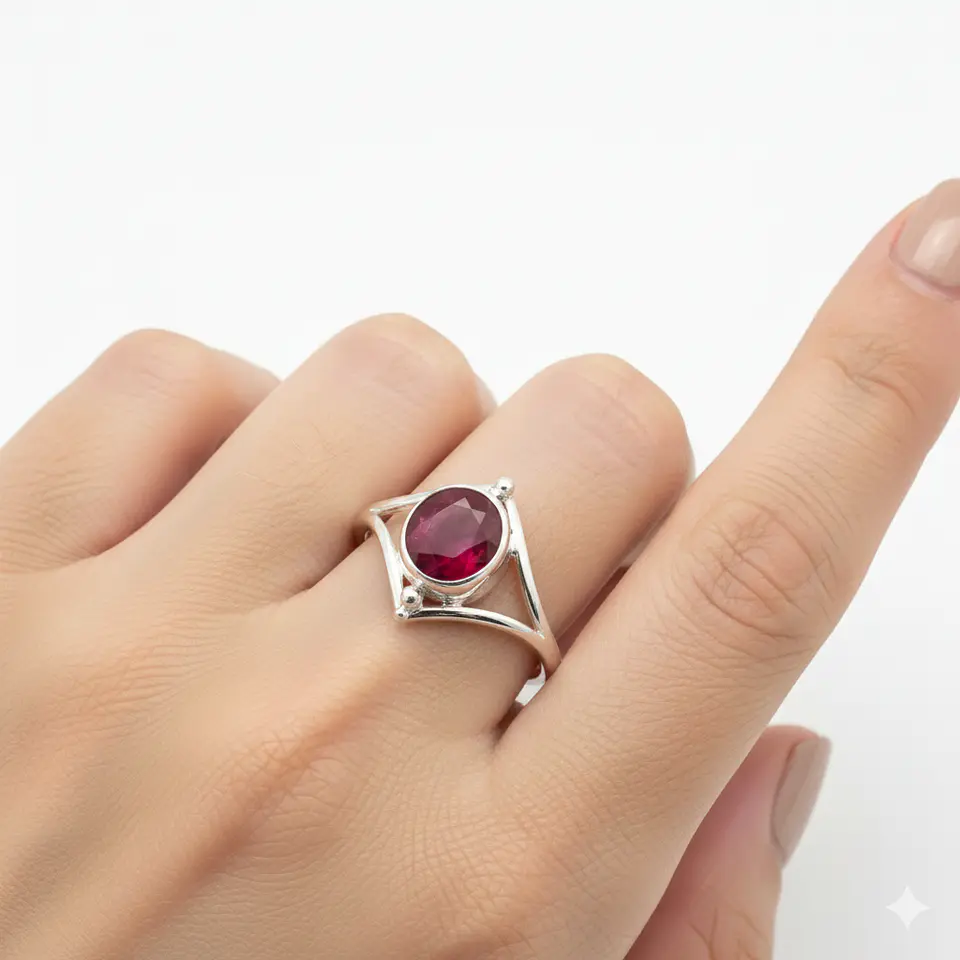 Anillo de Plata 925 con Piedra Raiz de Rubí Redonda 2