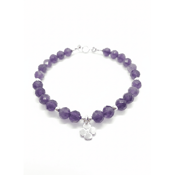 Pulsera de Amatista Facetada 6 mm con Plata 925 y Colgante Trébol