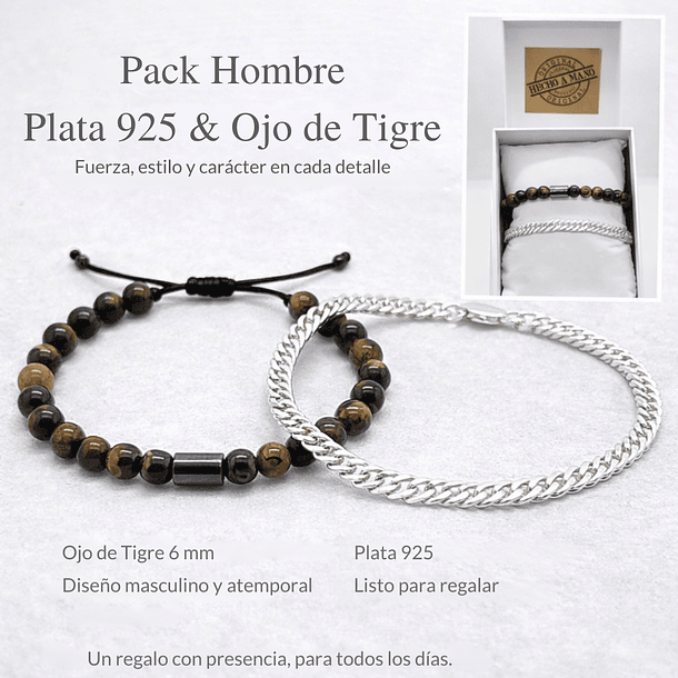 Pack Hombre – Pulseras Plata 925 & Piedra Natural Ojo de Tigre 6mm