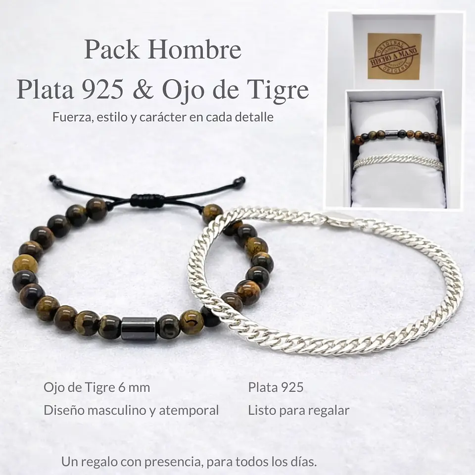 Pack Hombre – Pulseras Plata 925 & Piedra Natural Ojo de Tigre 6mm 2
