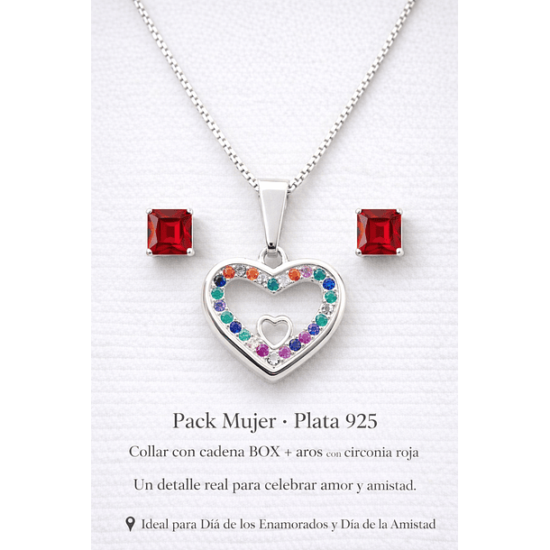 PACK MUJER  – COLLAR CORAZÓN MULTICOLOR Y AROS DE PLATA 925
