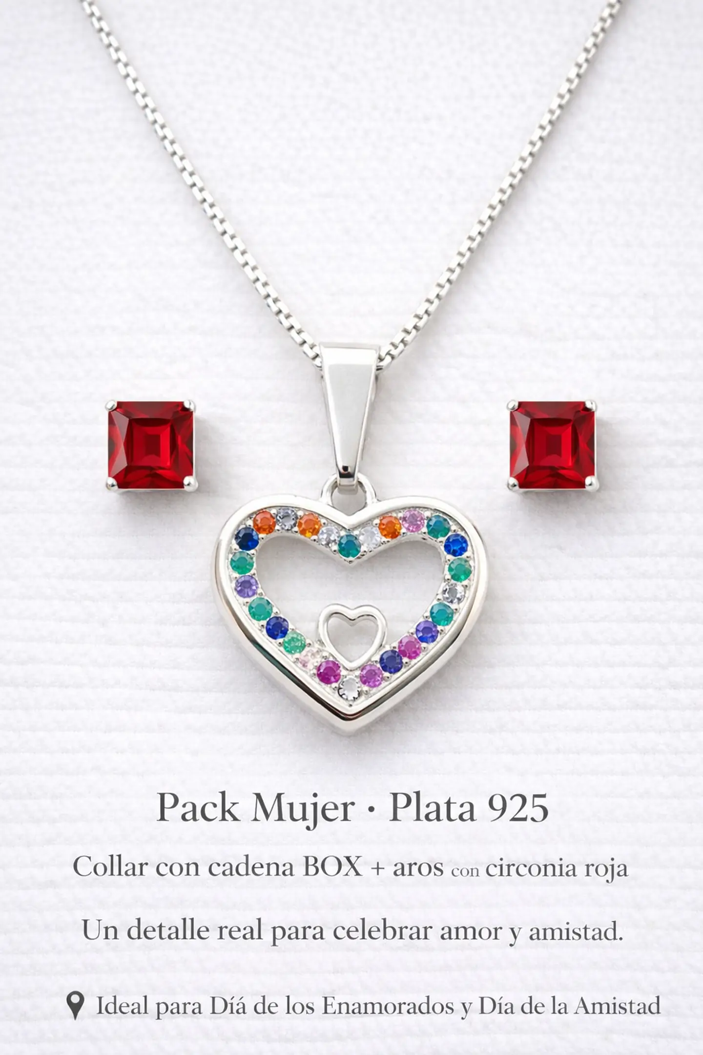 PACK MUJER  – COLLAR CORAZÓN MULTICOLOR Y AROS DE PLATA 925 2