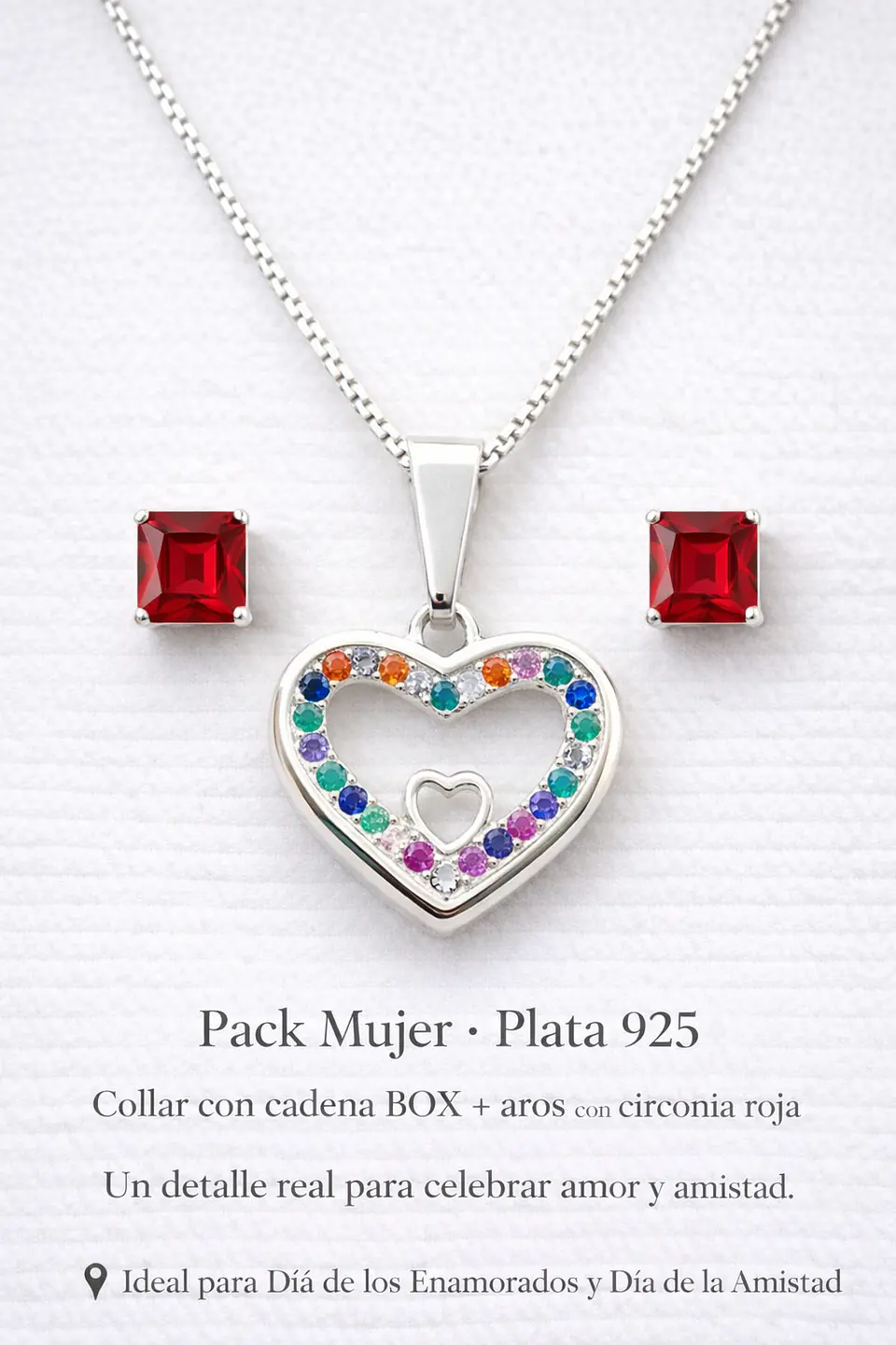 PACK MUJER  – COLLAR CORAZÓN MULTICOLOR Y AROS DE PLATA 925 2