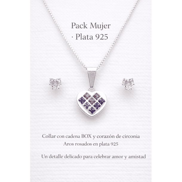 PACK MUJER – COLGANTE DE CORAZON CIRCONIA ROSADA - LILA Y AROS DE CIRCONIA ROSADA