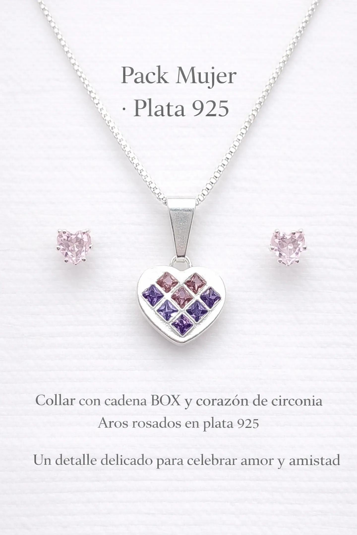 PACK MUJER – COLGANTE DE CORAZON CIRCONIA ROSADA - LILA Y AROS DE CIRCONIA ROSADA 2