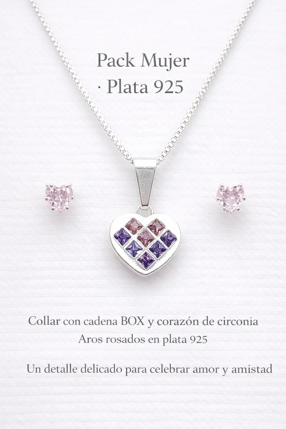 PACK MUJER – COLGANTE DE CORAZON CIRCONIA ROSADA - LILA Y AROS DE CIRCONIA ROSADA 2