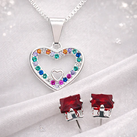 PACK MUJER  – COLLAR CORAZÓN MULTICOLOR Y AROS DE PLATA 925