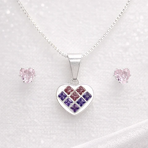 PACK MUJER – COLGANTE DE CORAZON CIRCONIA ROSADA - LILA Y AROS DE CIRCONIA ROSADA