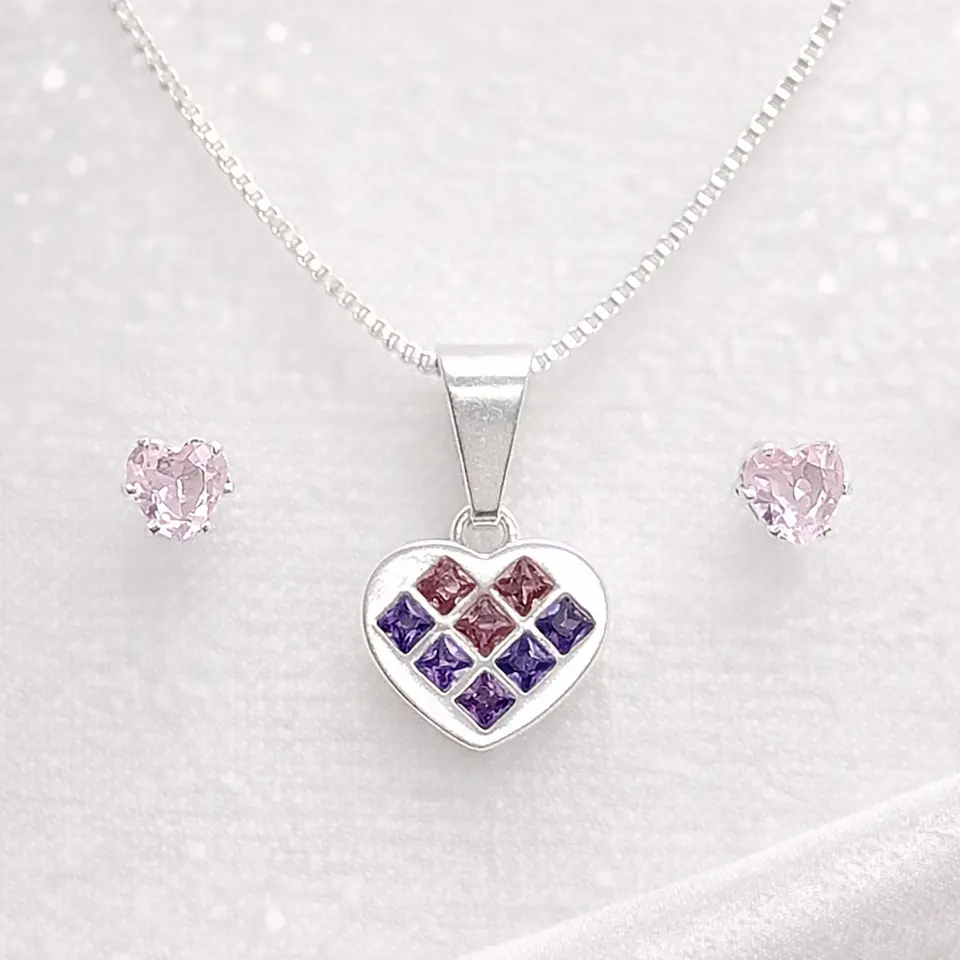 PACK MUJER – COLGANTE DE CORAZON CIRCONIA ROSADA - LILA Y AROS DE CIRCONIA ROSADA 1