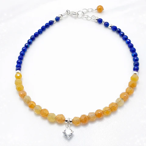 Tobillera de Alineación de Chakra Plexo Solar y Garganta en Cuarzo Facetado 3 y 4mm con Lapislázuli y Ágata Amarilla 21cm extensión a 24cm