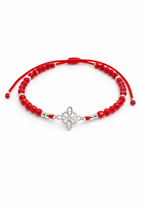 Pulsera Roja Protección Ajustable Agata y Plata 925 Nudo de Bruja 