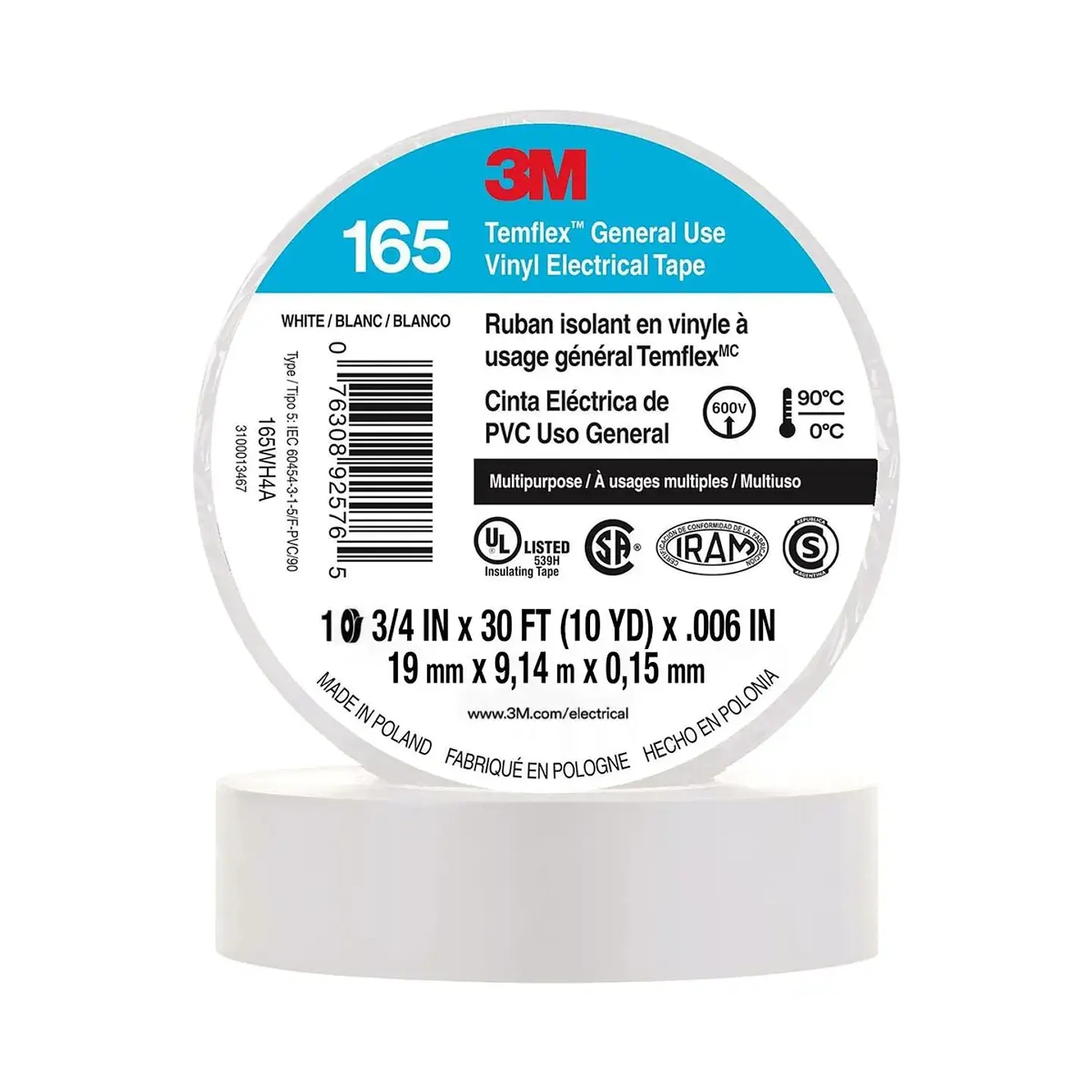 CINTA AISLADORA TEMFLEX 165 3M BLANCA 19MMX9,14MX0.15MM 1