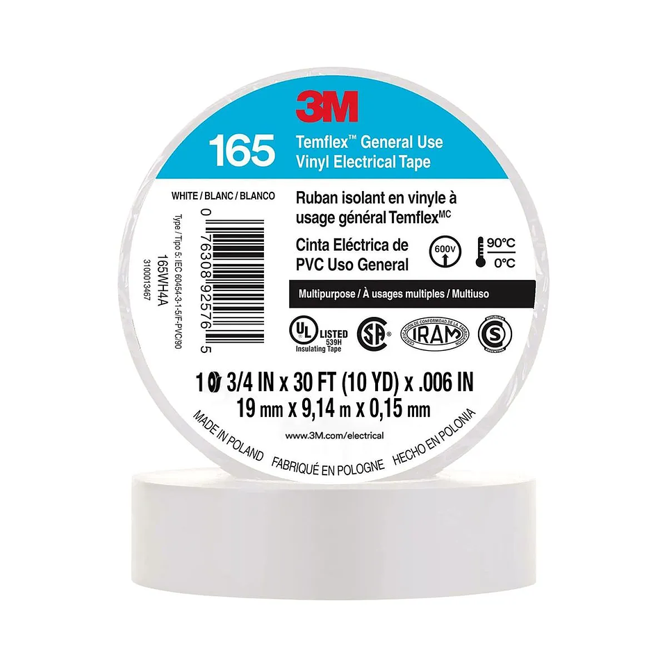 CINTA AISLADORA TEMFLEX 165 3M BLANCA 19MMX9,14MX0.15MM 1