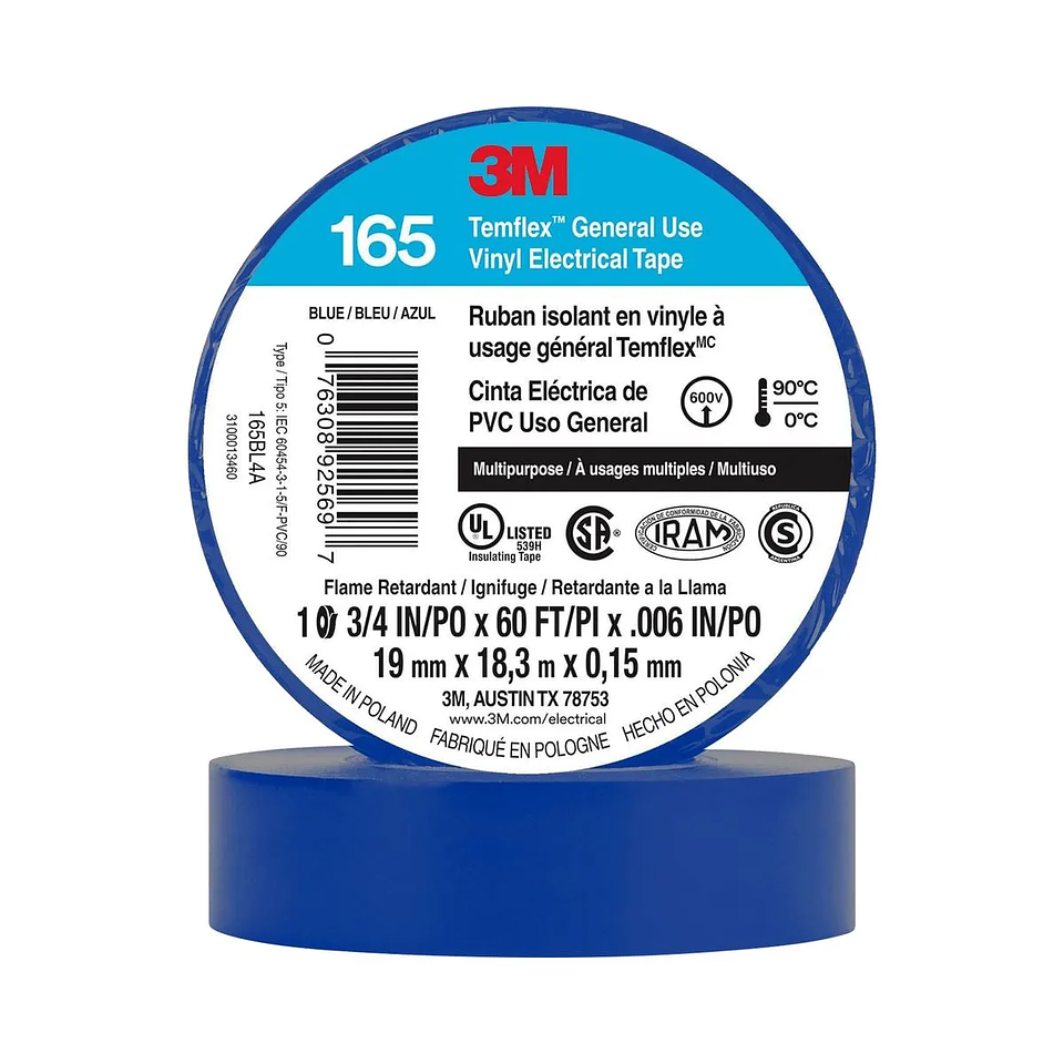 CINTA AISLADORA TEMFLEX 165 3M AZUL 19MMX18.3MX0.15MM 1