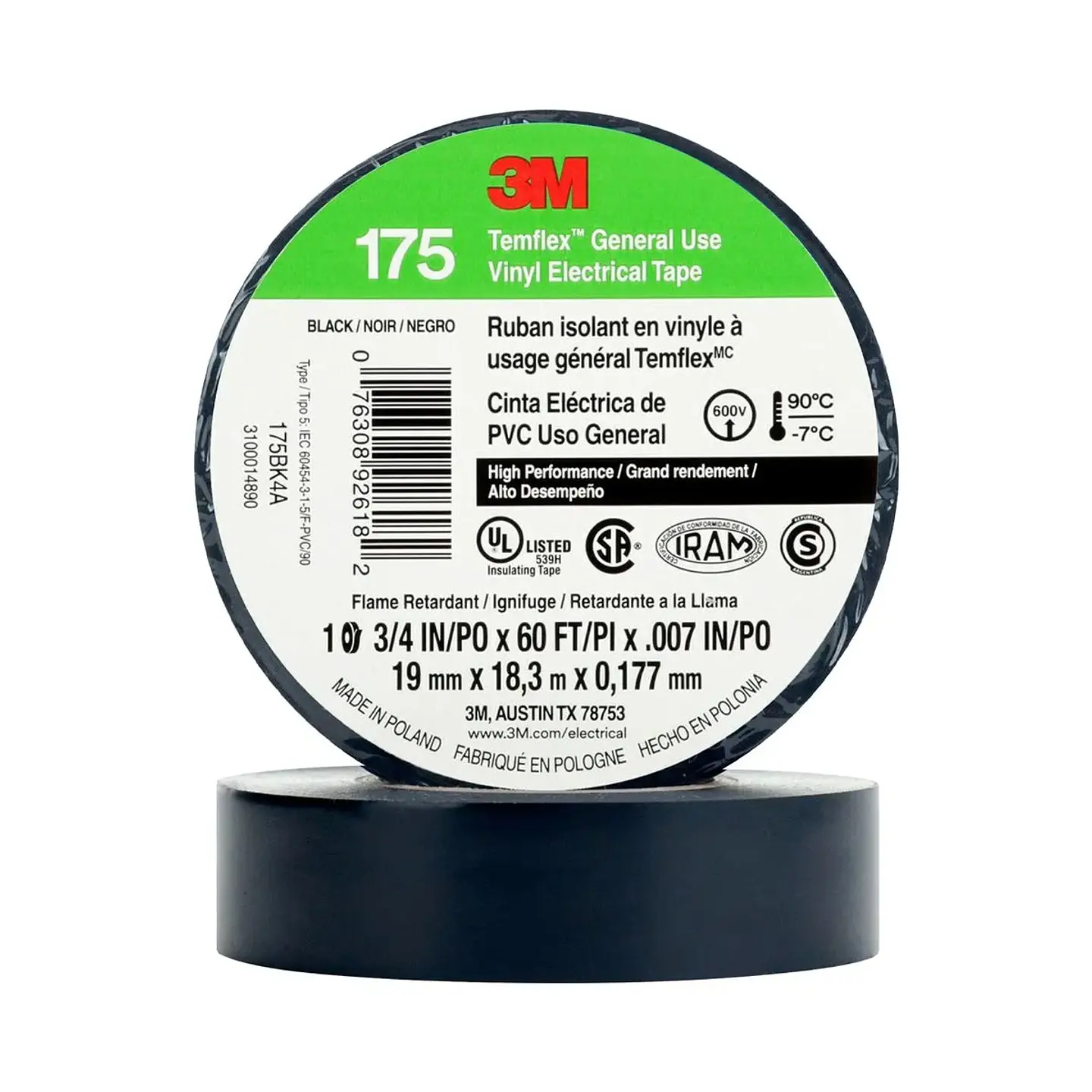 CINTA AISLADORA TEMFLEX 165 3M NEGRO 19MMX18.3MX0.15MM 1