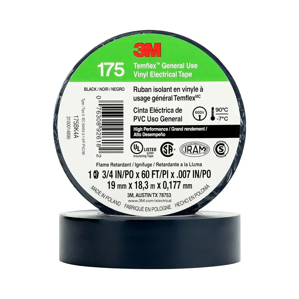 CINTA AISLADORA TEMFLEX 165 3M NEGRO 19MMX18.3MX0.15MM 1