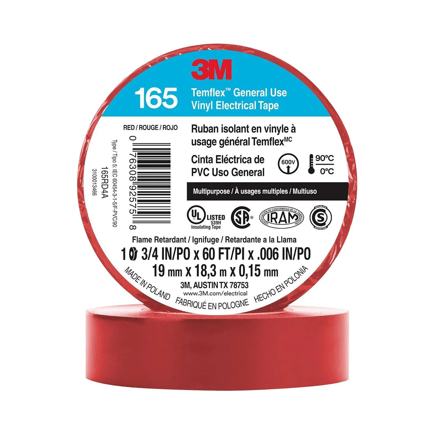CINTA AISLADORA TEMFLEX 165 3M ROJA 19MMX18.3MX0.15MM 1