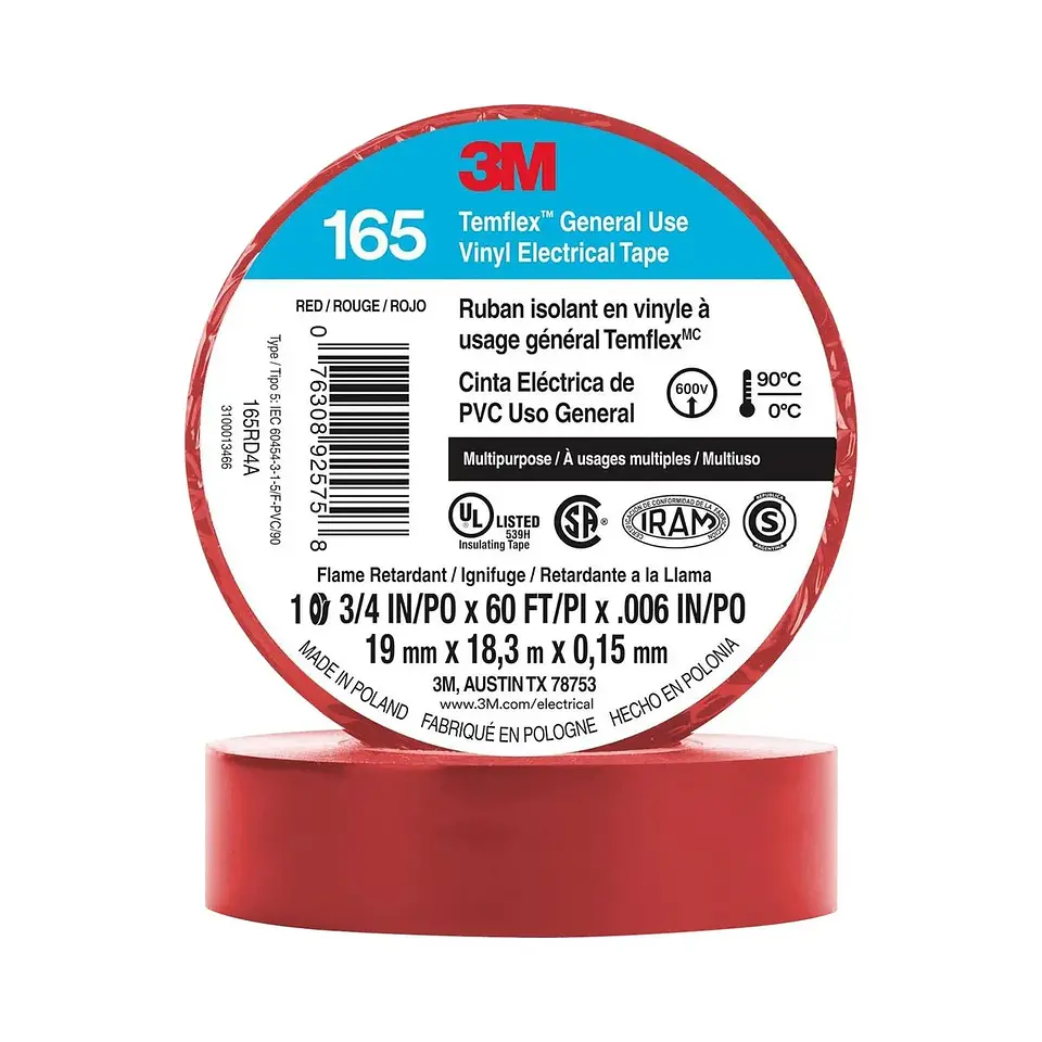 CINTA AISLADORA TEMFLEX 165 3M ROJA 19MMX18.3MX0.15MM 1