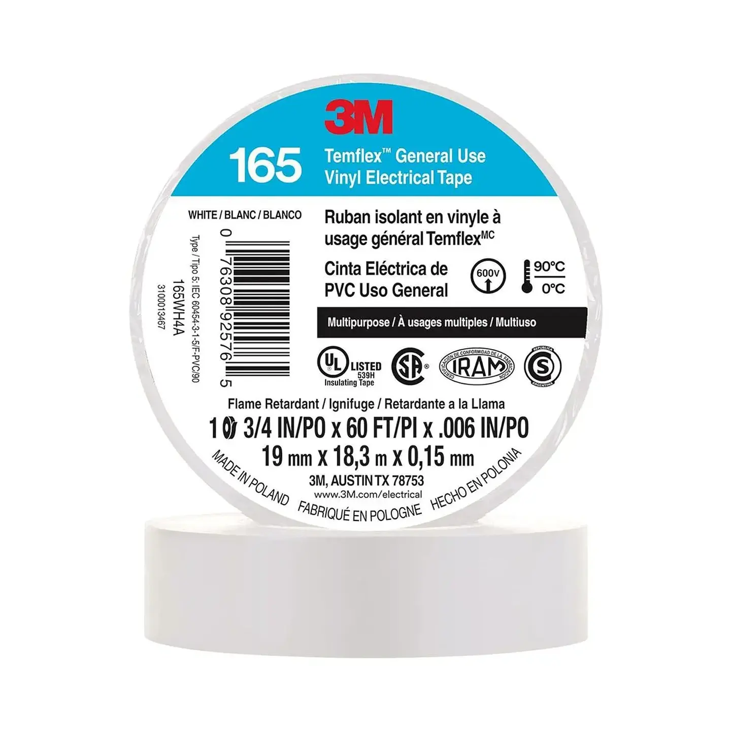 CINTA AISLADORA TEMFLEX 165 3M BLANCA 19MMX18.3MX0.15MM 1