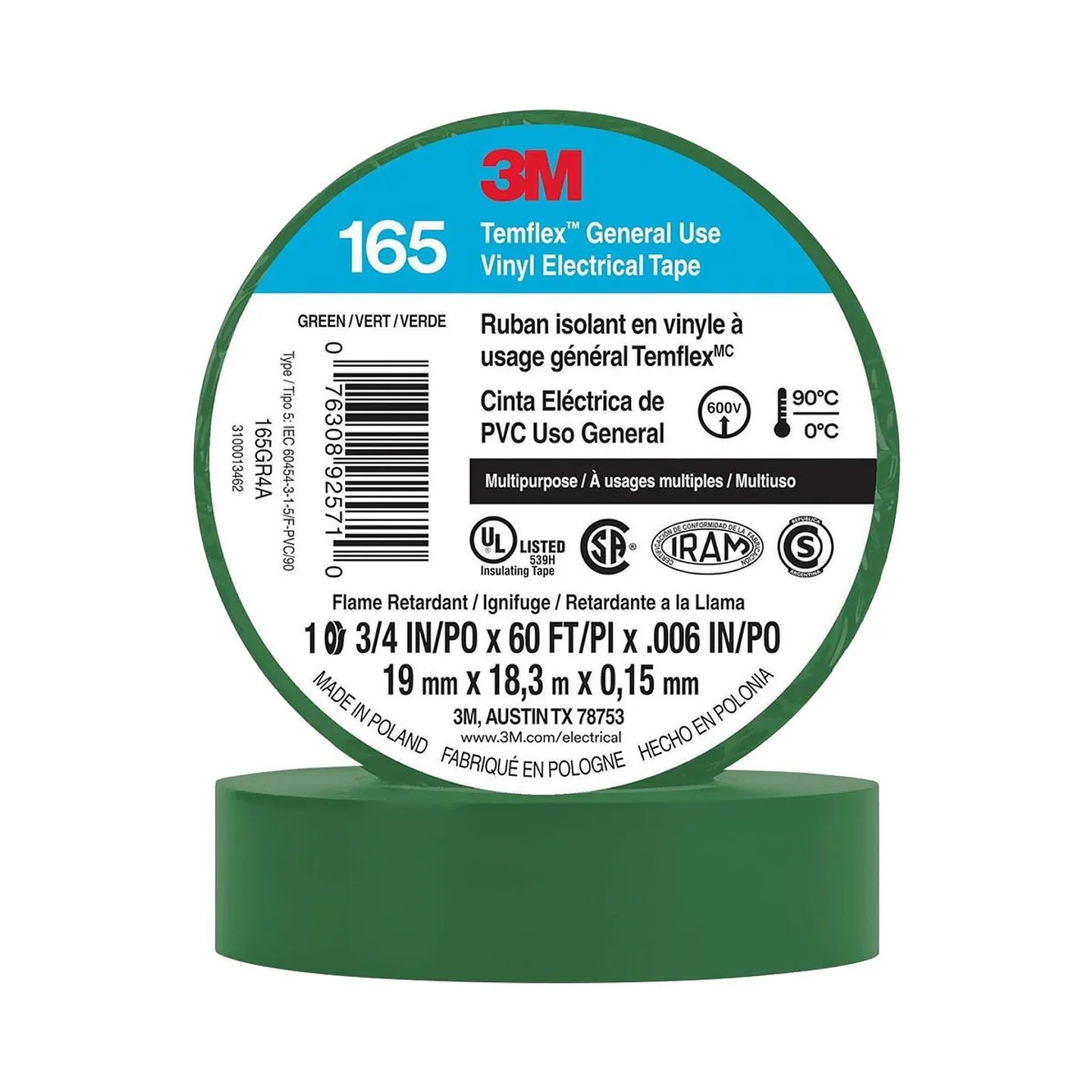 CINTA AISLADORA TEMFLEX 165 3M VERDE 19MMX18.3MX0.15MM 1