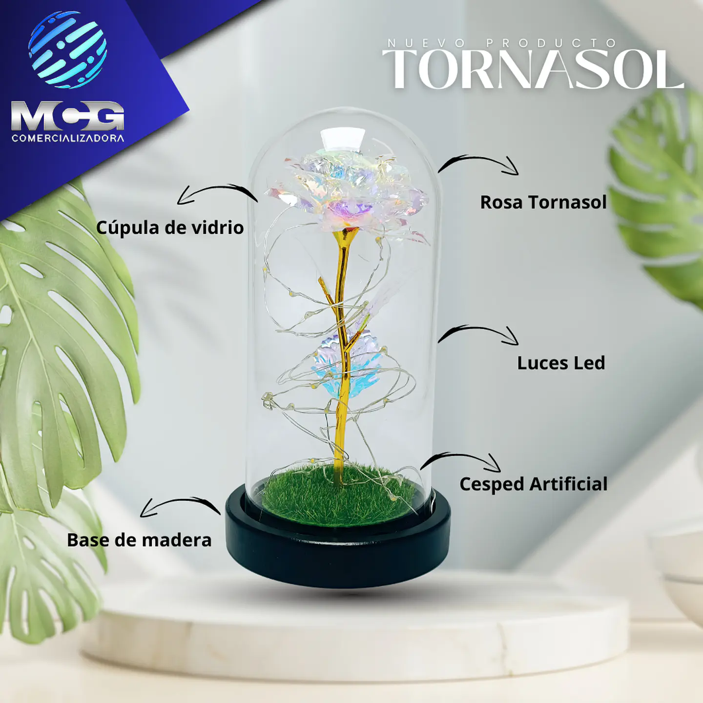 Rosa Tornasol art en cúpula de vidrio 2