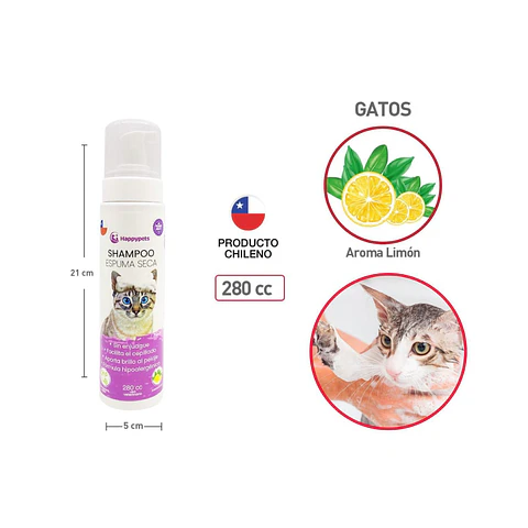 SHAMPOO ESPUMA SECA PARA GATOS HAPPYPETS CON LIMON HIPOALERGENICO 280CC
