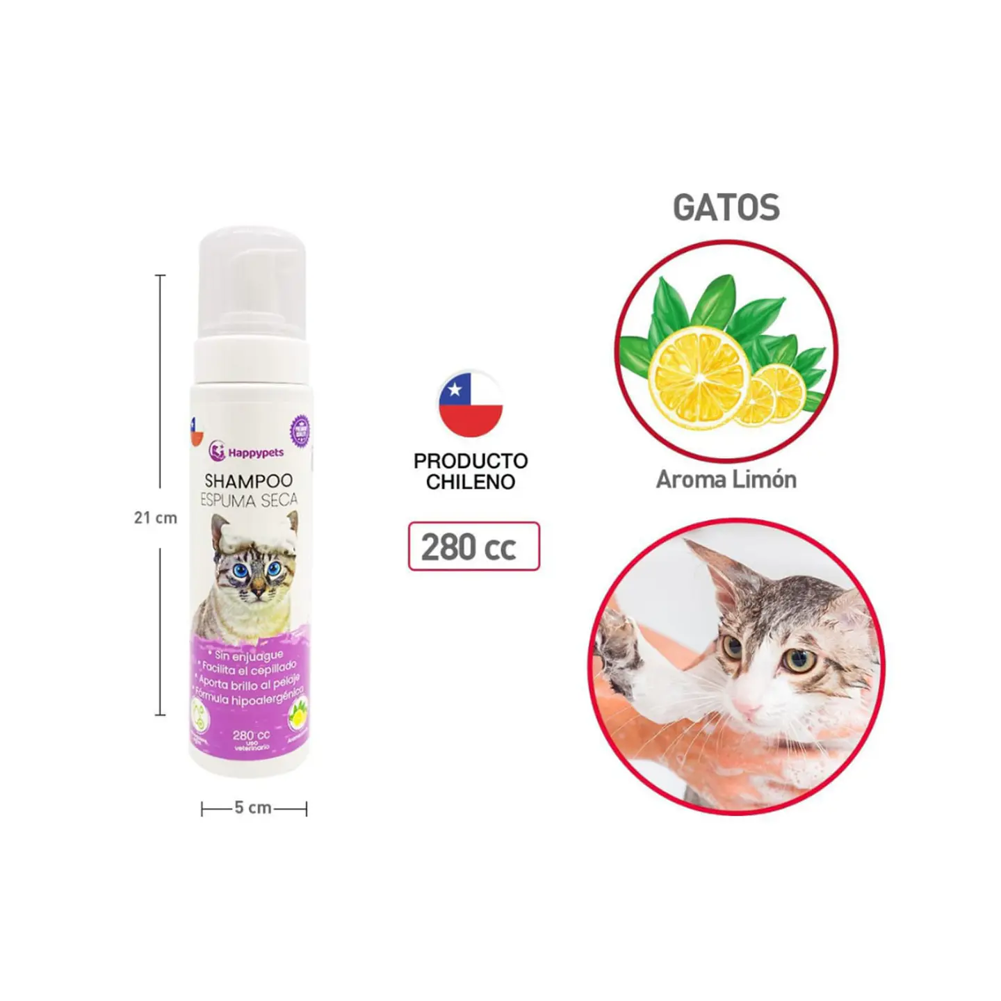SHAMPOO ESPUMA SECA PARA GATOS HAPPYPETS CON LIMON HIPOALERGENICO 280CC 1