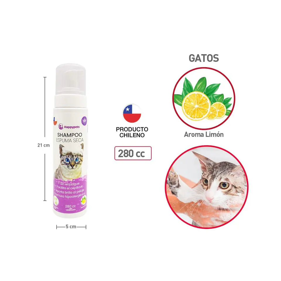SHAMPOO ESPUMA SECA PARA GATOS HAPPYPETS CON LIMON HIPOALERGENICO 280CC 1