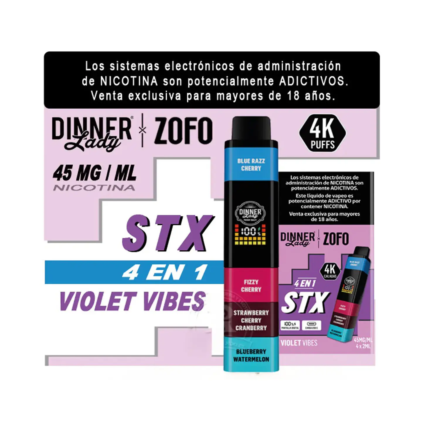 VAPER DINNER LADY ZOFO STX 4000 PUFFS VARIEDADES 4 EN 1 RECARGABLE 5